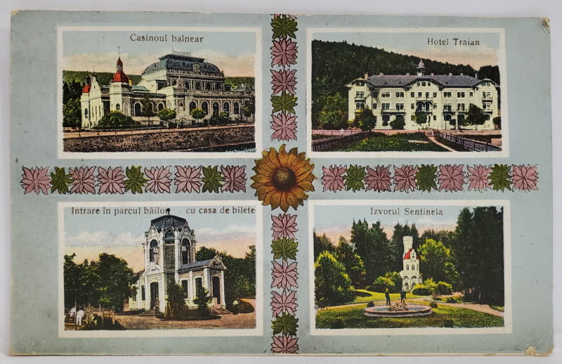 VATRA DORNEI : CAZINOUL BALNEAR , HOTELUL TRAIAN , CASA DE BILETE IN PARCUL BAILOR , IZVORUL SANTINELA , CARTE POSTALA , 1931