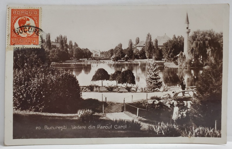 VEDERE DIN PARCUL CAROL I , CU LACUL CENTRAL SI MOSCHEEA , CARTE POSTALA , 1934