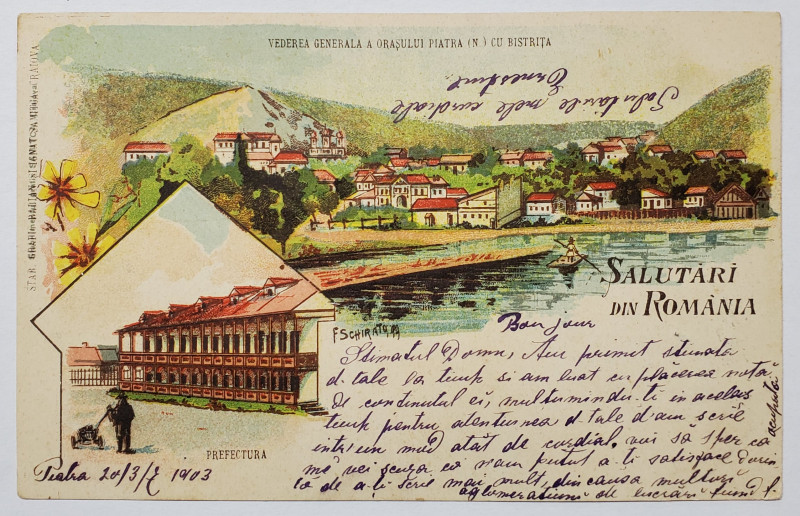 VEDEREA GENERALA A ORASULUI PIATRA NEAMT CU RAUL BISTRITA/  PREFECTURA , CROMOLITOGRAFIE , CLASICA