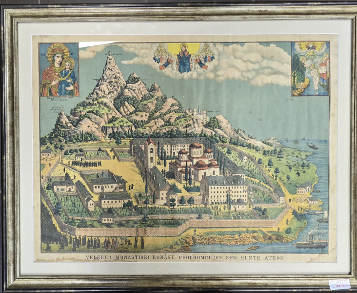 Vederea Manastirii Romanesti Prodromul din Sf. Munte Athos, Cromolitografie, Sfarsit Secol XIX