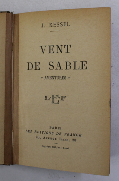 VENT DE SABLE - AVENTURES par J. KESSEL , 1929