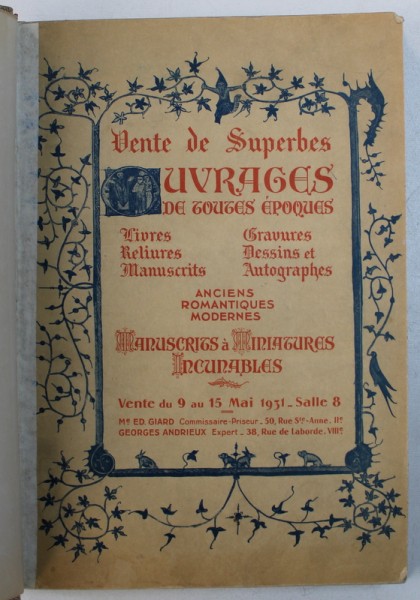 VENTES DE SUPERBES OUVRAGES DE TOUTES EPOQUES : LIVRES ...AUTOGRAPHES , ANCIENS , ROMNTIQUES , MODERNES , 1931