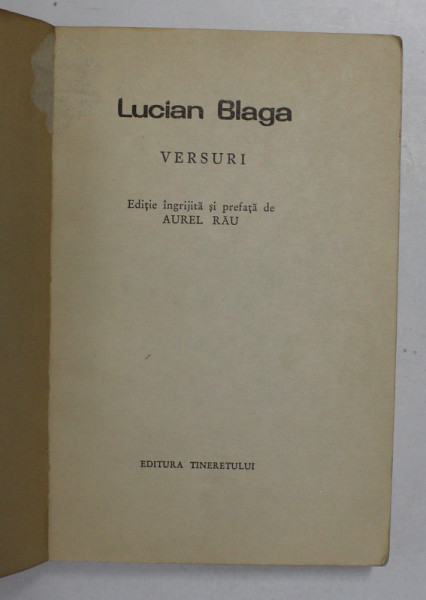 VERSURI de LUCIAN BLAGA , COLECTIA CELE MAI FRUMOASE POEZII , 1966