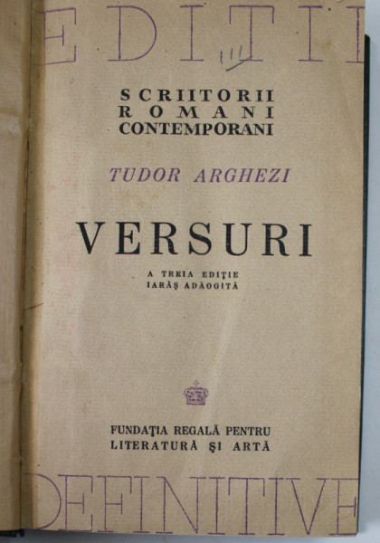 VERSURI de TUDOR ARGHEZI, A TREIA EDITIE IARASI ADAUGITA  1943