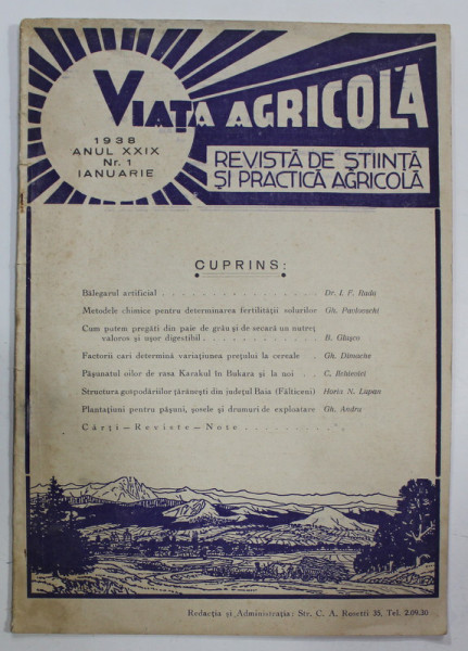 VIATA AGRICOLA , REVISTA DE STIINTA SI PRACTICA AGRICOLA , ANUL XXIX , NR. 1, IANUARIE , 1938