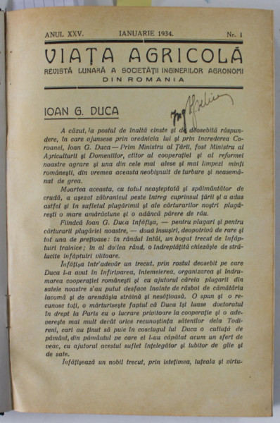VIATA AGRICOLA , REVISTA LUNARA A SOCIETATII INGINERILOR AGRONOMI DIN ROMANIA , ANUL XXV , COMPLET , 1934