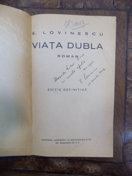 Viata dubla, E. Lovinescu cu dedicatia autorului