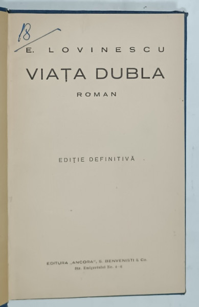 VIATA DUBLA , roman de EUGEN LOVINESCU , EDITIE DEFINITIVA , 1927