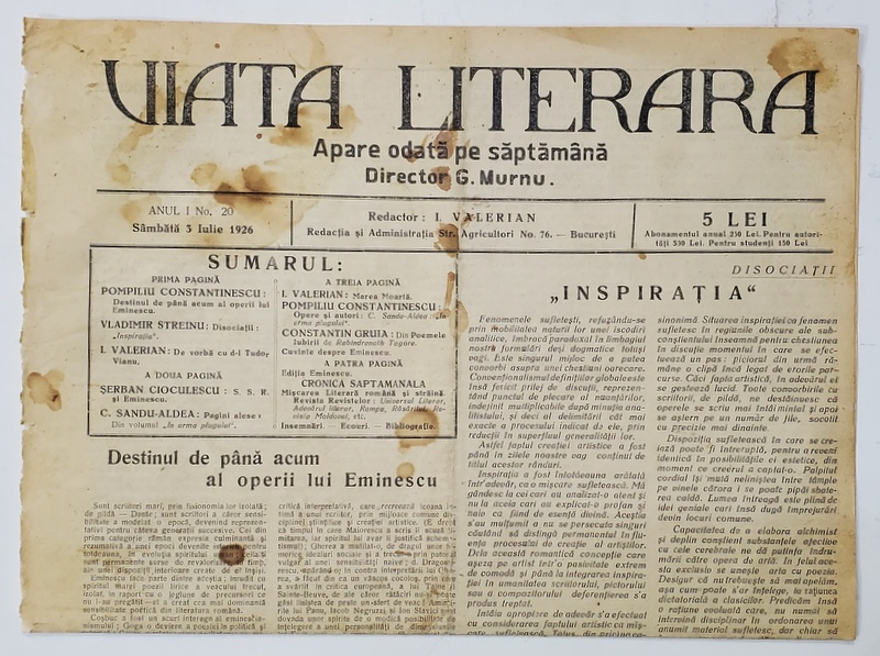 VIATA LITERARA , DIRECTOR G. MURNU  , ANUL I , NR. 20 , 3 IULIE  , 1926