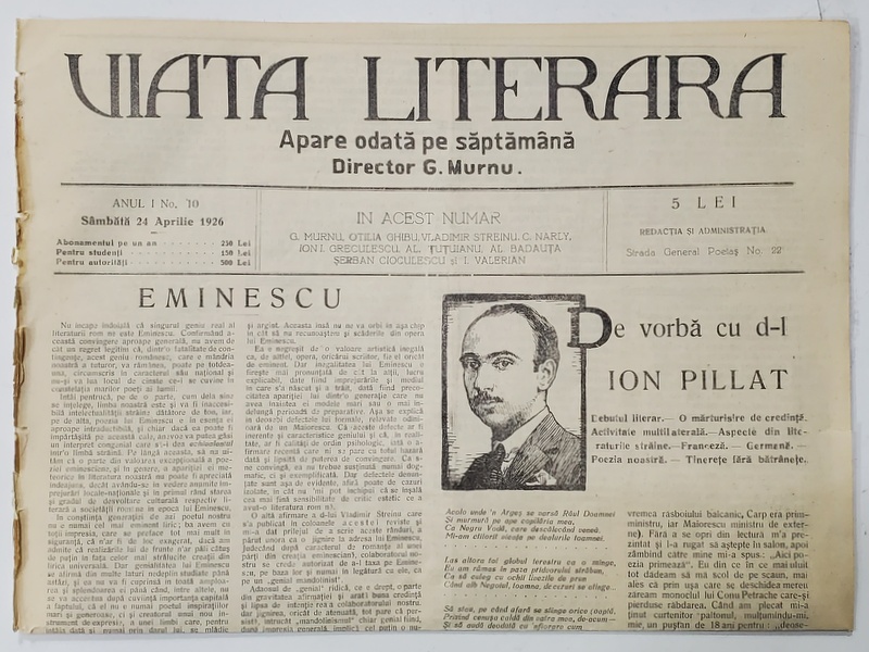 VIATA LITERARA , DIRECTOR G. MURNU , SAPTAMANAL , ANUL I , NR. 10 , 24 APRILIE , 1926