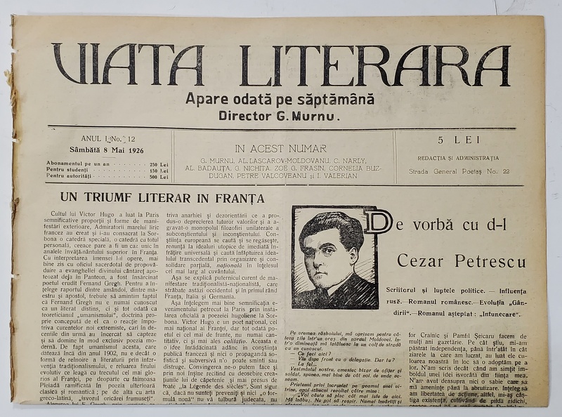VIATA LITERARA ,  DIRECTOR G. MURNU , SAPTAMANAL , ANUL I , NR. 12 , 8 MAI  , 1926