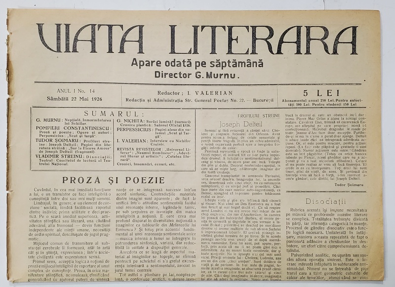 VIATA LITERARA ,  DIRECTOR G. MURNU , SAPTAMANAL , ANUL I , NR. 14 , 22 MAI  , 1926