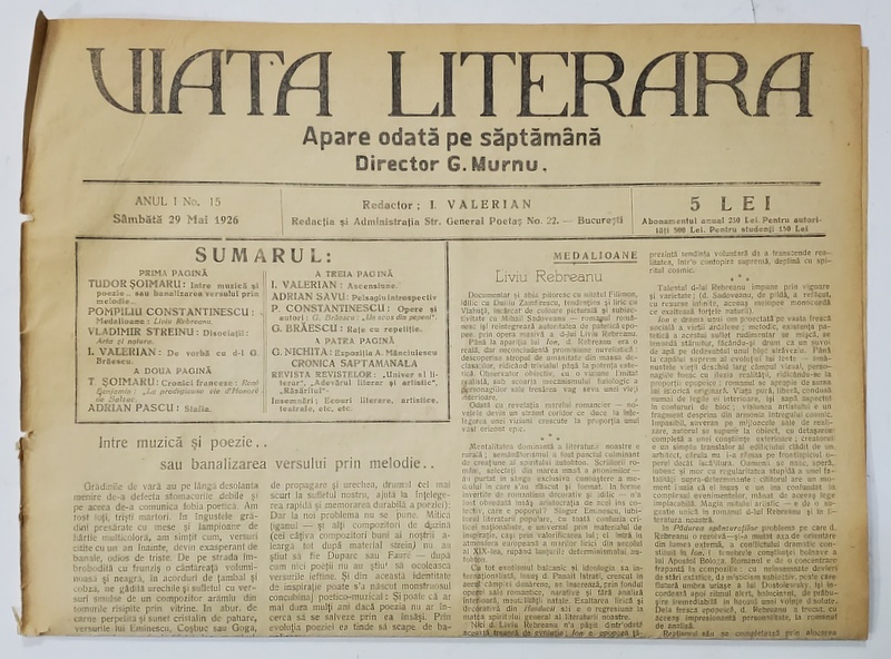 VIATA LITERARA ,  DIRECTOR G. MURNU , SAPTAMANAL , ANUL I , NR. 15 , 29 MAI  , 1926