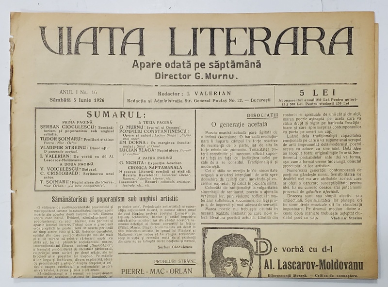 VIATA LITERARA ,  DIRECTOR G. MURNU , SAPTAMANAL , ANUL I , NR. 16 , 5 IUNIE , 1926