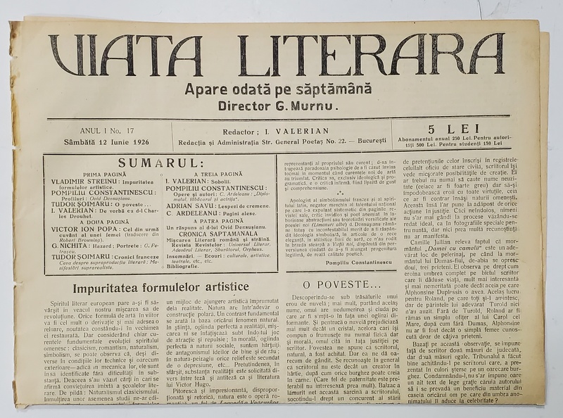 VIATA LITERARA ,  DIRECTOR G. MURNU , SAPTAMANAL , ANUL I , NR. 17 , 12 IUNIE , 1926