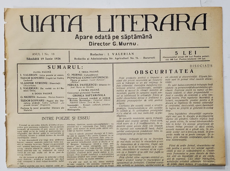 VIATA LITERARA ,  DIRECTOR G. MURNU , SAPTAMANAL , ANUL I , NR. 18 , 19 IUNIE , 1926