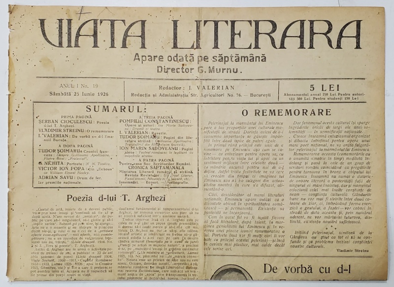 VIATA LITERARA ,  DIRECTOR G. MURNU , SAPTAMANAL , ANUL I , NR. 19 , 25 IUNIE , 1926