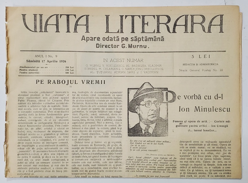 VIATA LITERARA , DIRECTOR G. MURNU , SAPTAMANAL , ANUL I , NR. 9 , 17  APRILIE , 1926