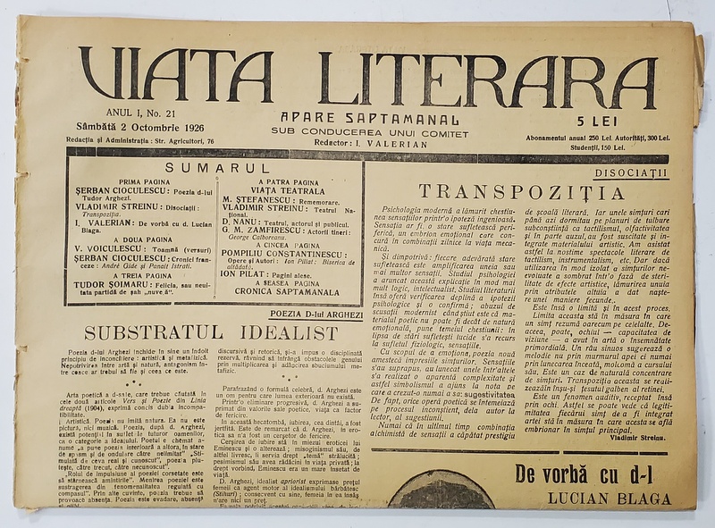 VIATA LITERARA ,  SAPTAMANAL , ANUL I , NR. 21 , 2  OCTOMBRIE  , 1926