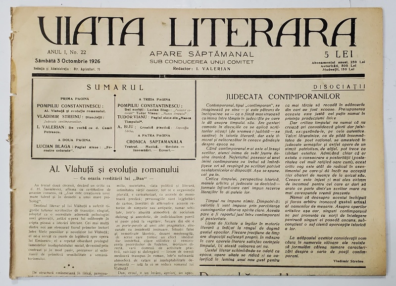 VIATA LITERARA ,  SAPTAMANAL , ANUL I , NR. 22 , 3 OCTOMBRIE  , 1926