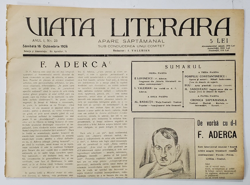 VIATA LITERARA ,  SAPTAMANAL , ANUL I , NR. 23 , 16  OCTOMBRIE  , 1926