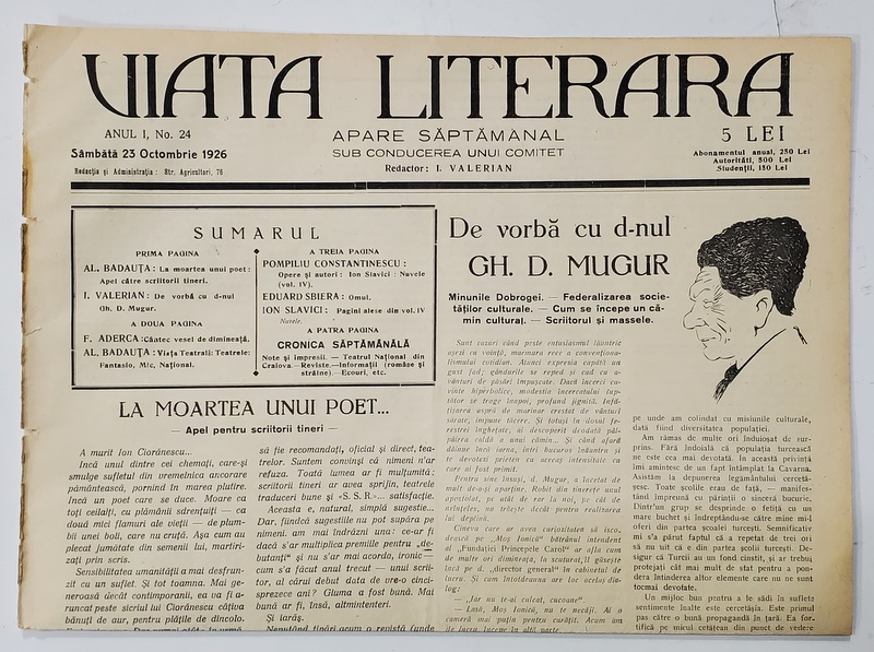 VIATA LITERARA ,  SAPTAMANAL , ANUL I , NR. 24, 23  OCTOMBRIE  , 1926