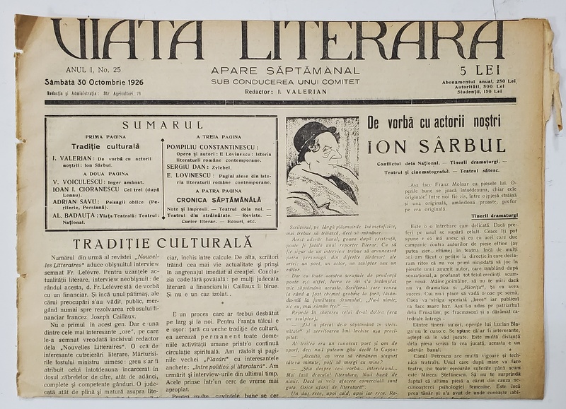 VIATA LITERARA ,  SAPTAMANAL , ANUL I , NR. 25 , 30  OCTOMBRIE  , 1926