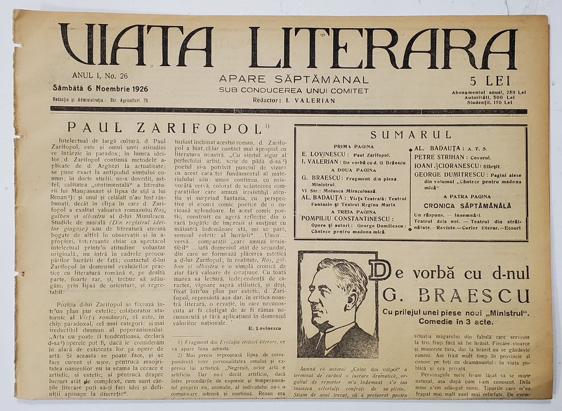 VIATA LITERARA ,  SAPTAMANAL , ANUL I, NR. 26 , 6 NOIEMBRIE   , 1926