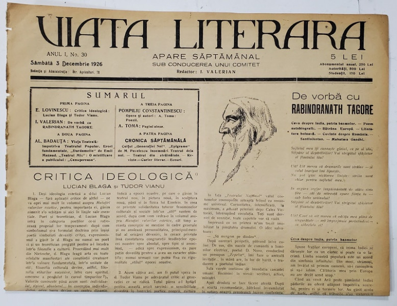 VIATA LITERARA ,  SAPTAMANAL , ANUL I, NR. 30 , 3 DECEMBRIE  , 1926