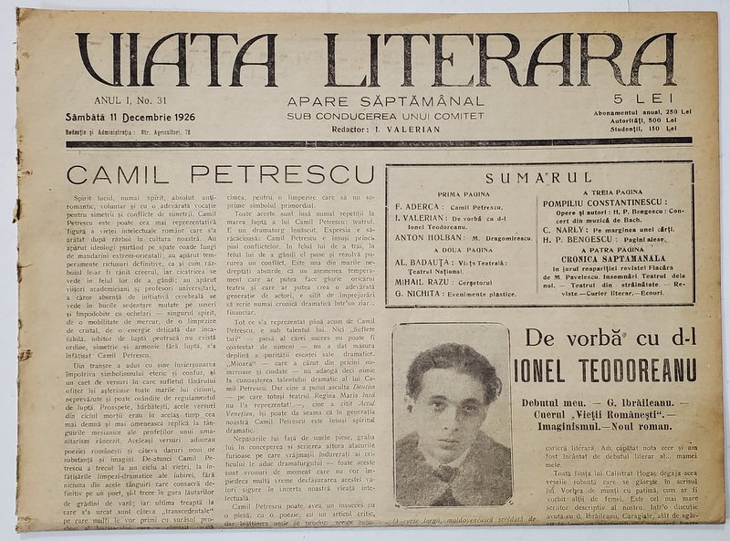 VIATA LITERARA ,  SAPTAMANAL , ANUL I, NR. 31 , 11 DECEMBRIE  , 1926