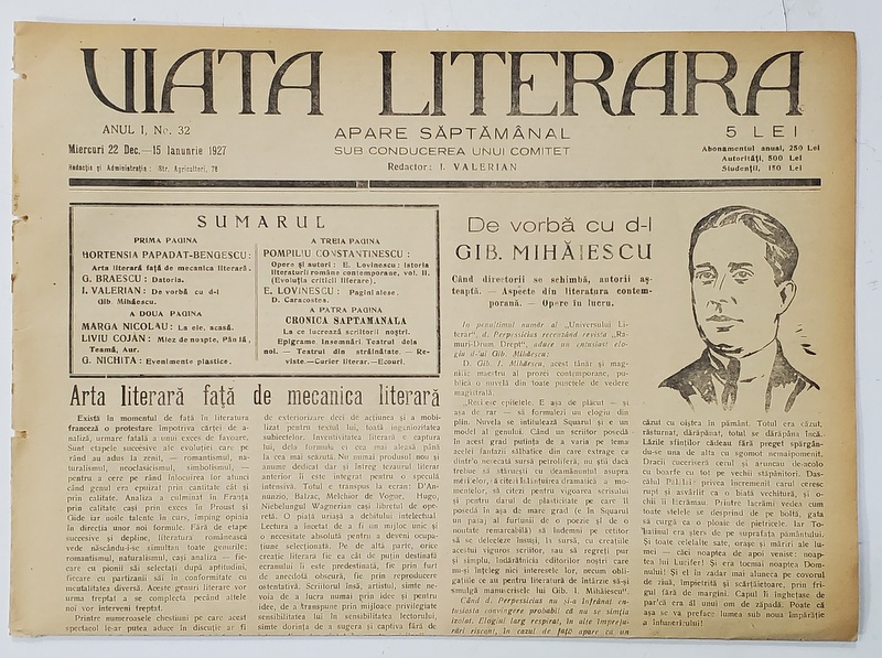 VIATA LITERARA ,  SAPTAMANAL , ANUL I, NR. 32 , 15 IANUARIE   , 1927