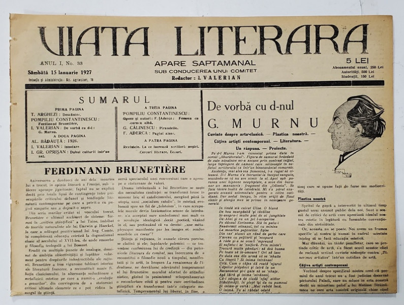 VIATA LITERARA ,  SAPTAMANAL , ANUL I, NR. 33 , 15  IANUARIE   , 1927