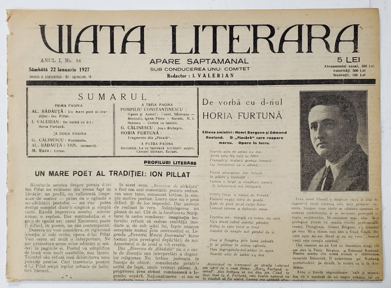 VIATA LITERARA ,  SAPTAMANAL , ANUL I, NR. 34 , 22 IANUARIE   , 1927