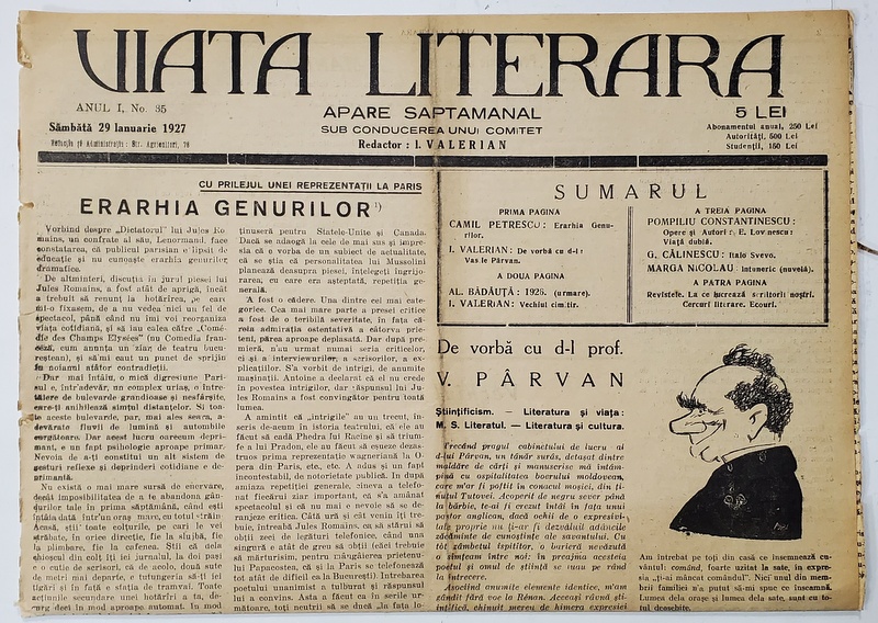 VIATA LITERARA ,  SAPTAMANAL , ANUL I, NR. 35 , 29 IANUARIE   , 1927