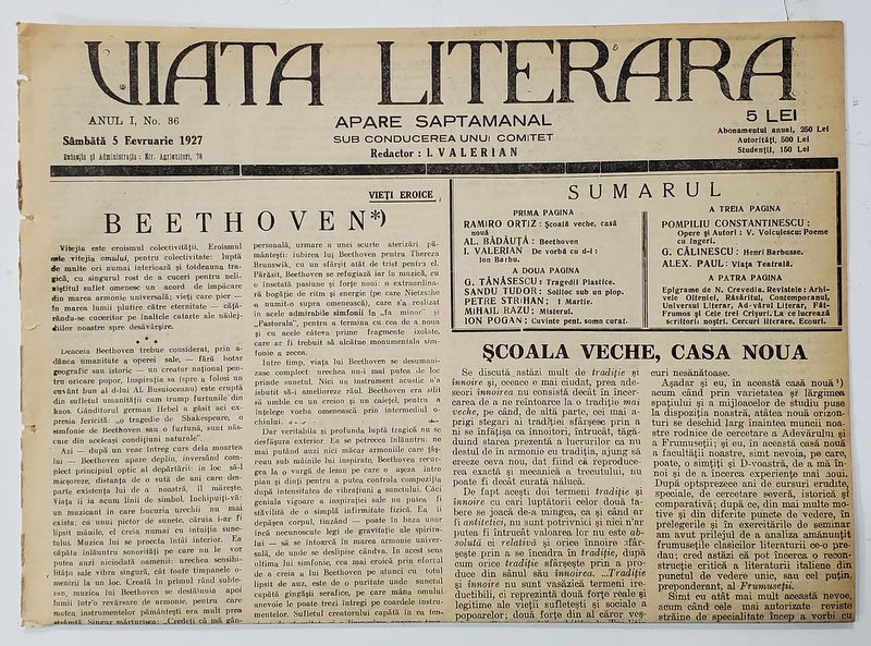 VIATA LITERARA ,  SAPTAMANAL , ANUL I, NR. 36 , 5 FEBRUARIE  , 1927