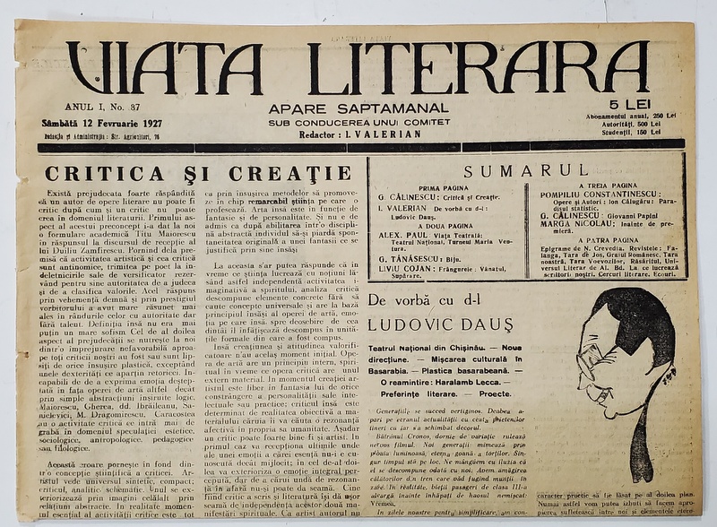 VIATA LITERARA ,  SAPTAMANAL , ANUL I, NR. 37 , 12 FEBRUARIE  , 1927