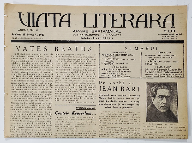 VIATA LITERARA ,  SAPTAMANAL , ANUL I, NR. 38 , 19 FEBRUARIE  , 1927