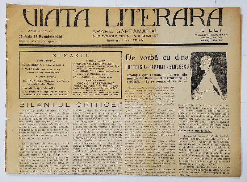 VIATA LITERARA ,  SAPTAMANAL , ANUL I, NR.29  , 27  NOIEMBRIE   , 1926