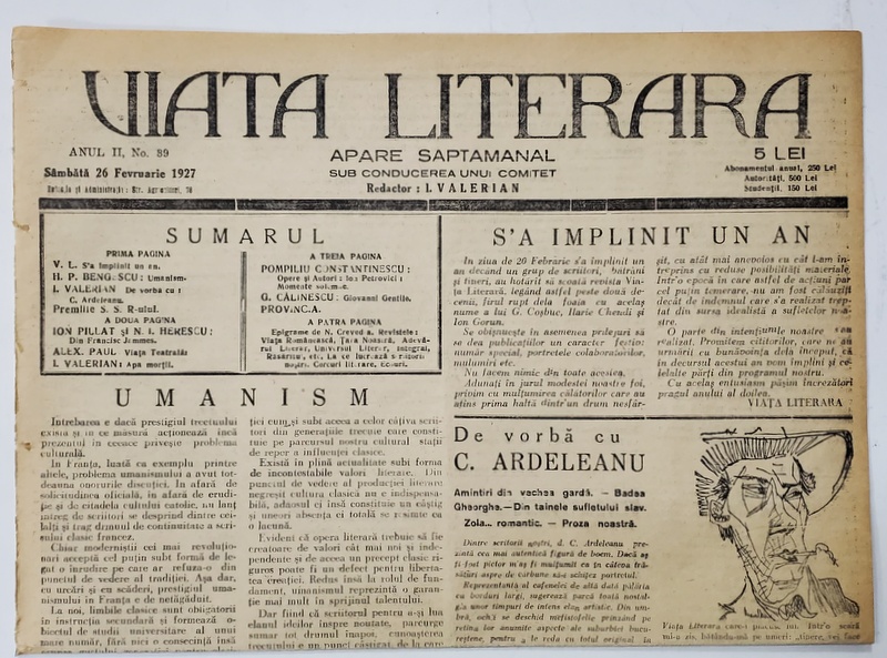 VIATA LITERARA ,  SAPTAMANAL , ANUL II, NR. 39 , 26 FEBRUARIE  , 1927