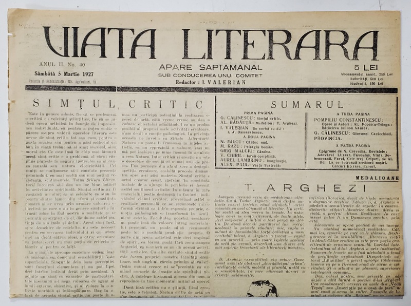 VIATA LITERARA ,  SAPTAMANAL , ANUL II, NR. 40 , 5 MARTIE  , 1927