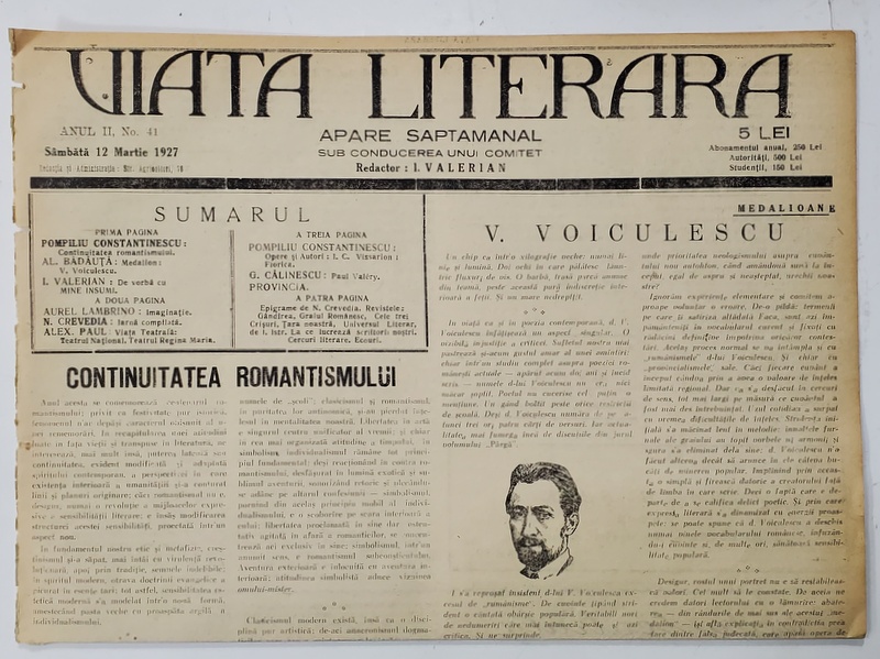 VIATA LITERARA ,  SAPTAMANAL , ANUL II, NR. 41 , 12 MARTIE  , 1927
