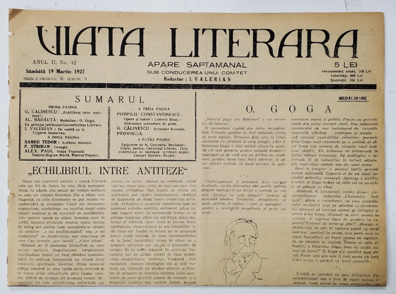 VIATA LITERARA ,  SAPTAMANAL , ANUL II, NR. 42 , 19 MARTIE  , 1927