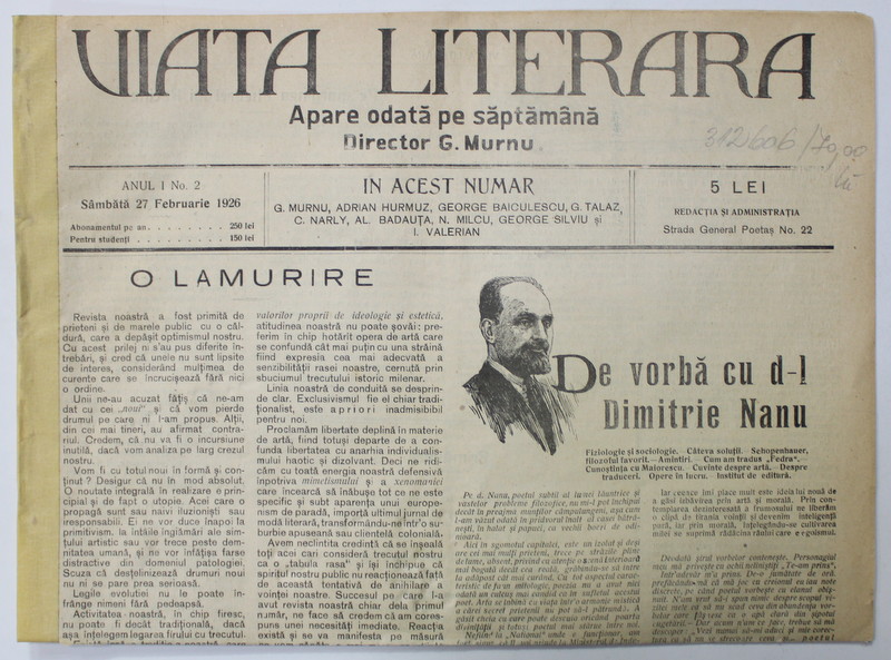 VIATA LITERARA , ZIAR SAPTAMANAL , ANUL I , NR. 2 , SAMBATA , 27 FEBRUARIE , 1926