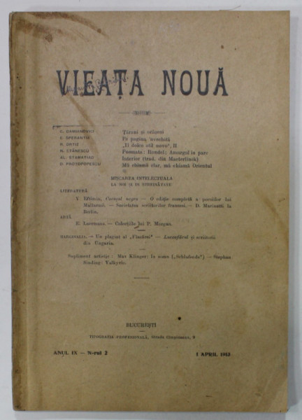 VIATA NOUA , REVISTA , ANUL IX, NR. 2 , 1 APRILIE 1913