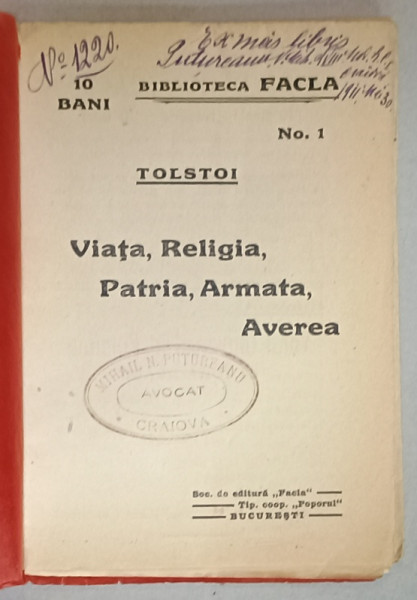 VIATA , RELIGIA , PATRIA , ARMATA , AVEREA de TOLSTOI , 1911