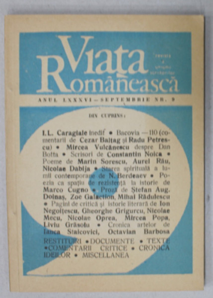 VIATA ROMANEASCA , REVISTA A UNIUNII SCRIITORILOR , NR. 9 , 1991