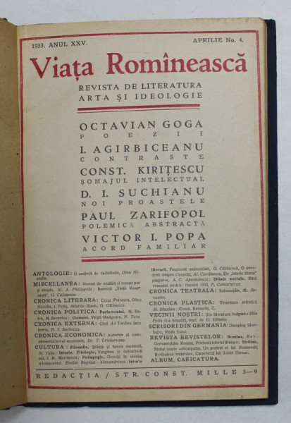 VIATA ROMANEASCA - REVISTA DE LITERATURA , ARTA SI IDEOLOGIE , ANUL XXV , APRILIE , NR. 4 , 1933