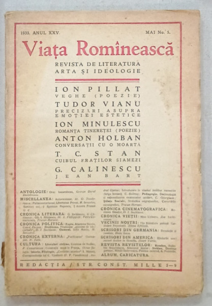 VIATA ROMANEASCA , REVISTA DE LITERATURA , ARTA SI IDEOLOGIE , NO. 5 , 1933 , PREZINTA PETE SI URME DE UZURA