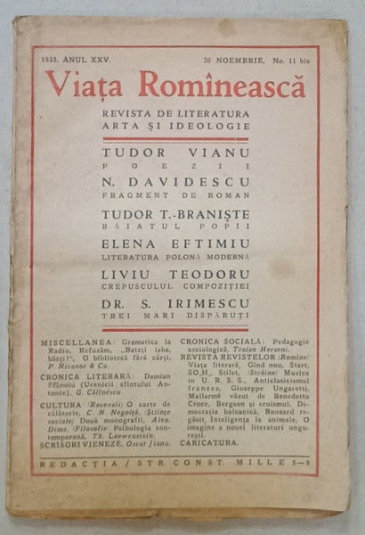 VIATA ROMANEASCA , REVISTA DE LITERATURA , ARTA SI IDEOLOGIE , NO.11 BIS  , 1933 , PREZINTA PETE SI URME DE UZURA