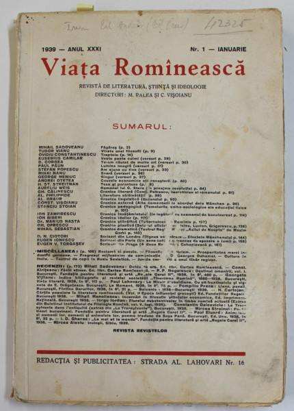 VIATA  ROMANEASCA - REVISTA DE LITERATURA , STIINTA SI IDEOLOGIE , ANUL XXI , NR, 1 , IANUARIE , 1939